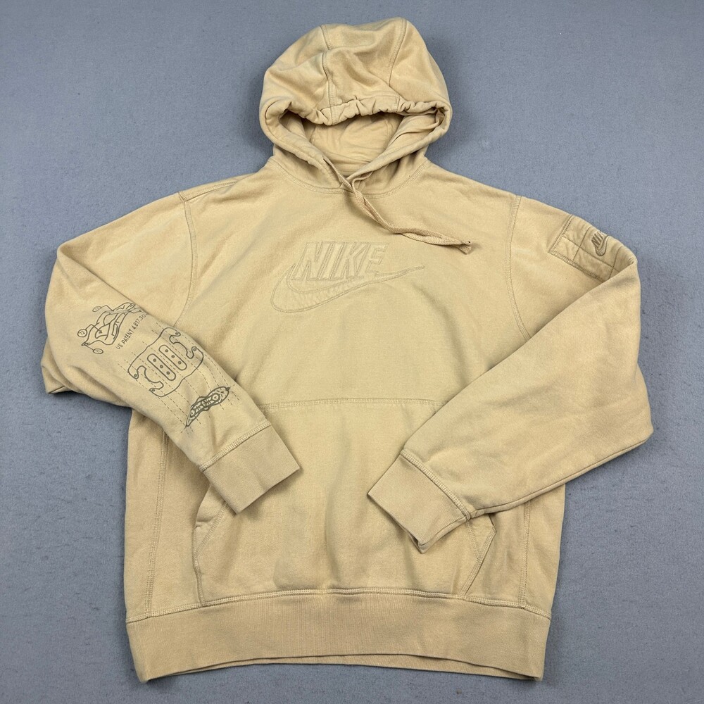 Nike Hoodie Men Medium Tan Solid Patent Drawing Graphic Fleece Sweatshirt M